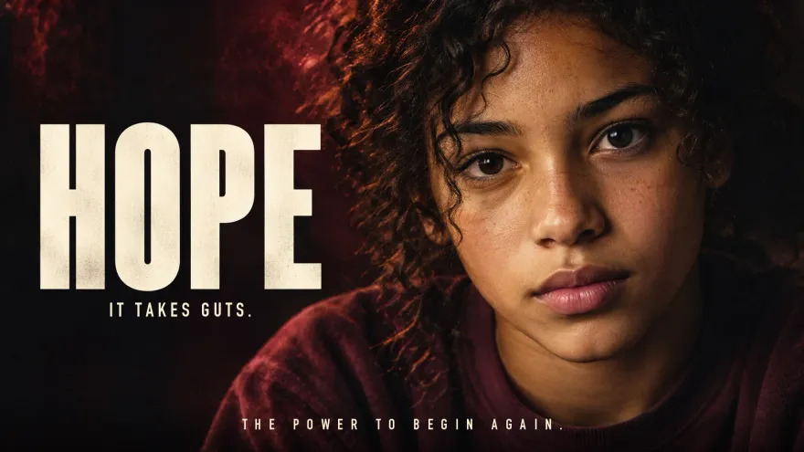 Key art for the film HOPE: a young woman looking straight at the camera in warm red light, beside the title, the line “It takes guts.” and, along the bottom, “The power to begin again.”